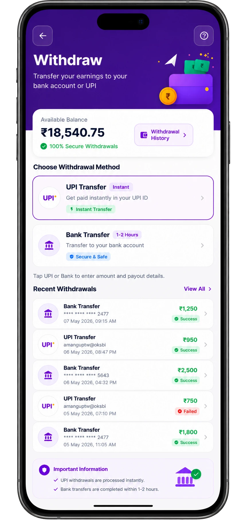 Wallet - Withdraw earnings instantly